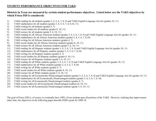 STUDENT PERFORMANCE OBJECTIVES FOR TAKS ... - Frisco ISD