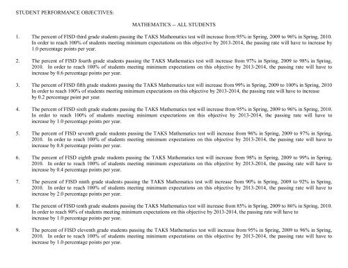 STUDENT PERFORMANCE OBJECTIVES FOR TAKS ... - Frisco ISD