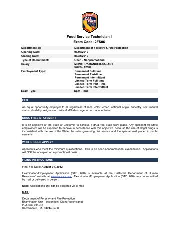 Food Service Technician I Exam Code: 2FS06 - State of California