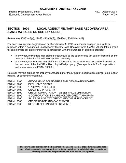 Economic Development Areas Manual - California Franchise Tax ...