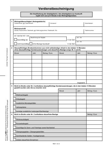 Verdienstbescheinigung zum Antrag auf Wohngeld