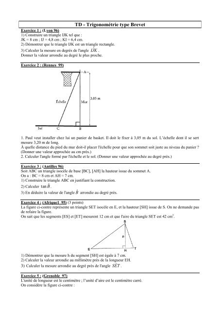 TD - Trigonométrie type Brevet - Math93