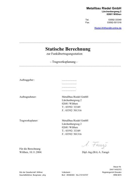 Statische Berechnung - Metallbau Riedel GmbH