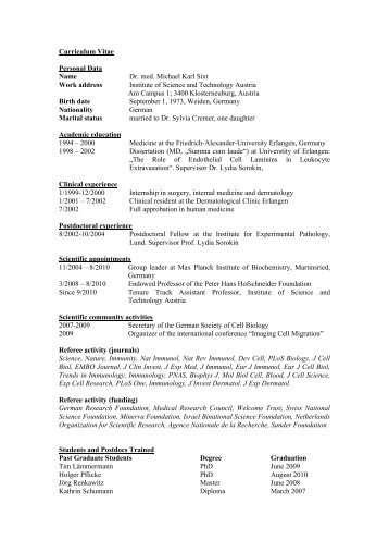 Curriculum Vitae Personal Data Name Dr. med. Michael Karl Sixt ...