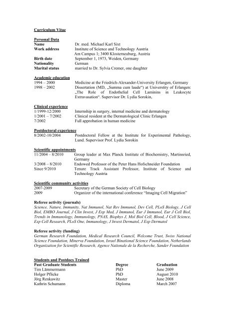 Curriculum Vitae Personal Data Name Dr. med. Michael Karl Sixt ...