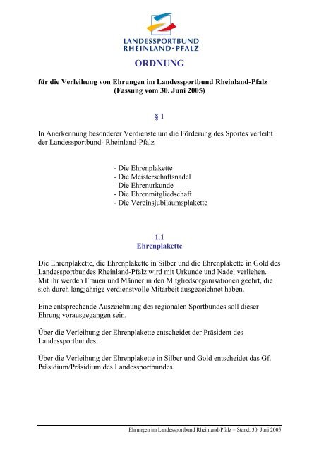 Ehrungsordnung LSB RLP - Sportbund Rheinland