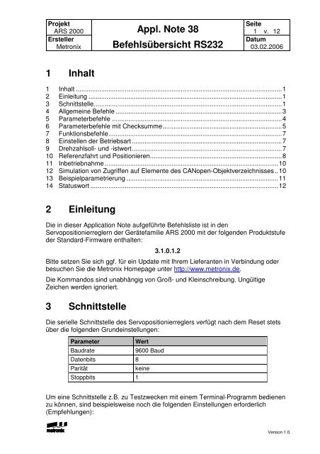 Application Note Nr. 38 Befehlsübersicht RS232 - Metronix