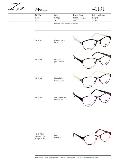 B&B Eyewear GmbH :: Katalog Zen - Acetat, Metall, Edelstahl, Titan ...