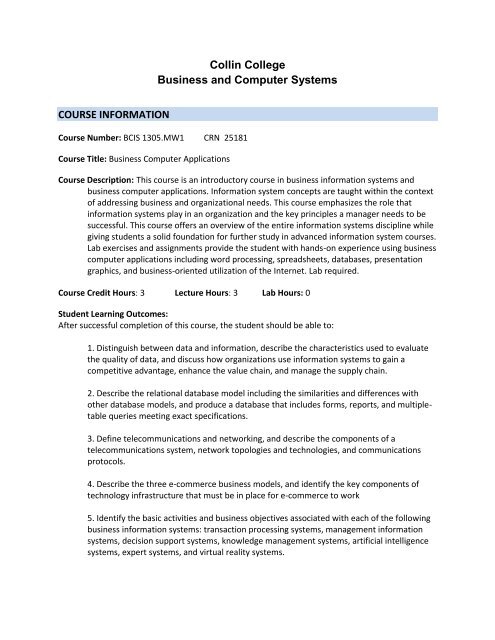 Collin College Business and Computer Systems COURSE ...