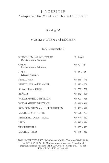 NOTEN und BÜCHER Inhaltsverzeichnis - J. Voerster | Antiquariat ...
