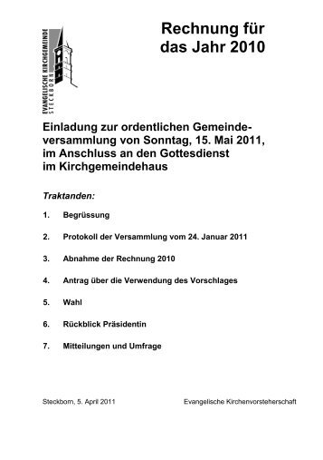 Rechnung für das Jahr 2010 - Evangelischen Kirchgemeinde ...