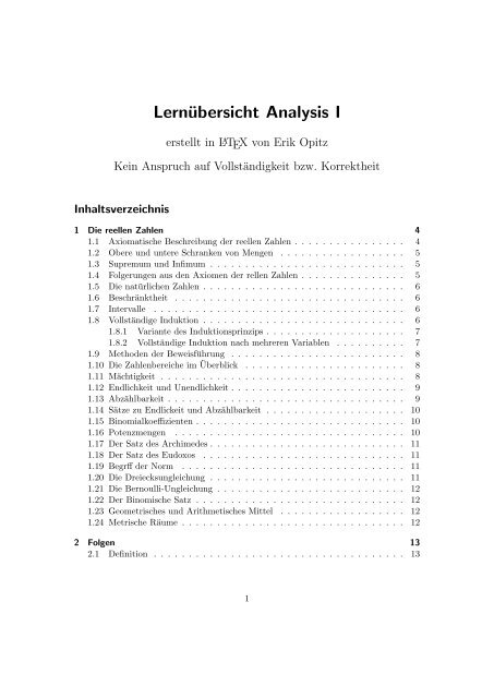 Lernübersicht Analysis I