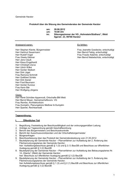 1 Gemeinde Harztor Protokoll über die Sitzung des Gemeinderates ...