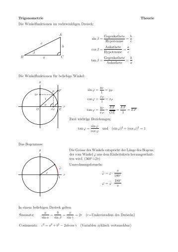 Trigonometrie Theorie Die Winkelfunktionen im rechtwinkligen ...