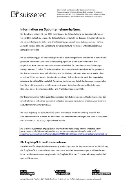 Informationen zur Subunternehmerhaftung 442 KB pdf - Suissetec