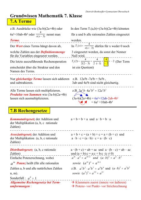 Mathe 7 Klasse Gymnasium Aufgaben Mit Lösungen Pdf Grundwissen Mathematik 7. Klasse - Dietrich-Bonhoeffer-Gymnasium