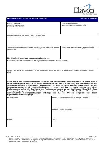 iMerchantConnect REGISTRIERUNGSFORMULAR FAX + ... - Elavon