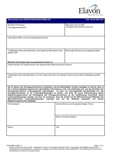 iMerchantConnect REGISTRIERUNGSFORMULAR FAX + ... - Elavon