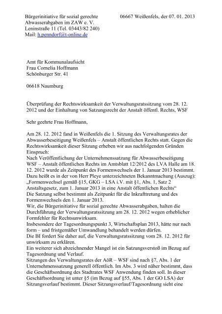 Anschreiben an Kommunalaufsicht
