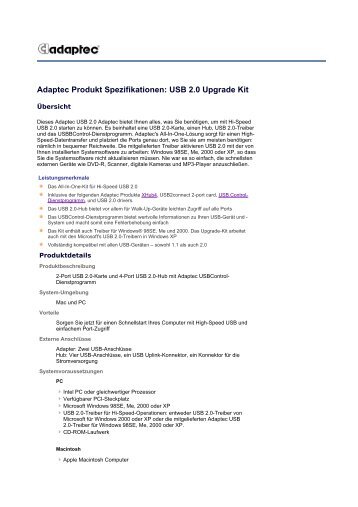 Adaptec Produkt Spezifikationen: USB 2.0 Upgrade Kit