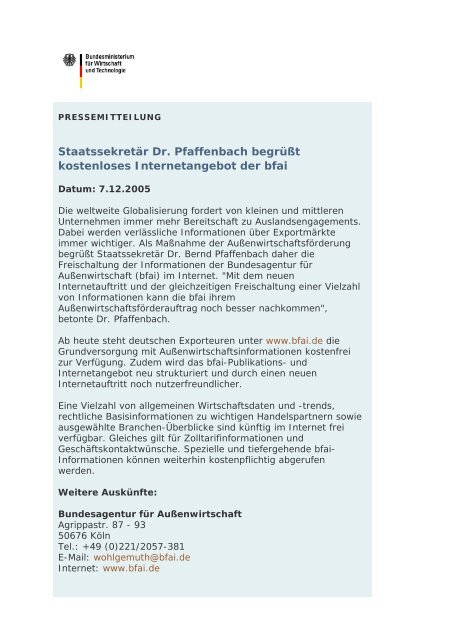 Staatssekretär Dr. Pfaffenbach begrüßt kostenloses Internetangebot ...