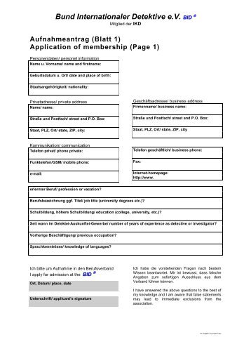 Antrag - BID - Bund Internationaler Detektive eV