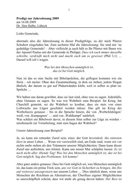 Predigt zur Jahreslosung 2009 am 16.08.2009 Dr. Jörn Halbe ...