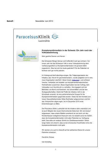 Newsletter Juni 2010 - Paracelsus Klinik Lustmühle