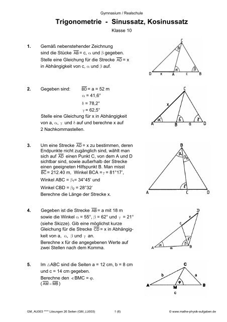 Trigonometrie - Sinussatz, Kosinussatz - Mathe-Physik-Aufgaben