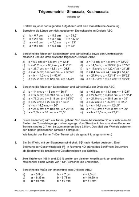 Trigonometrie Aufgaben Und Lösungen Klasse 10 Pdf Realschule Trigon