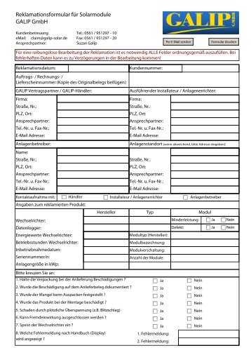 Reklamationsformular für Solarmodule GALIP GmbH