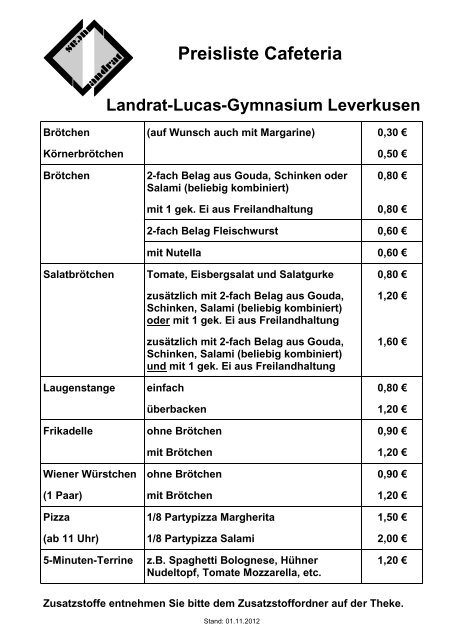 Preisliste Cafeteria - Landrat-Lucas Gymnasium