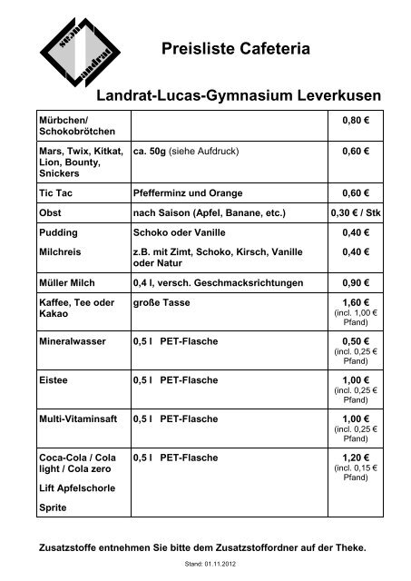 Preisliste Cafeteria - Landrat-Lucas Gymnasium