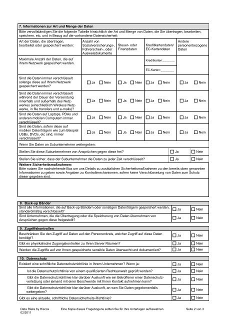 Fragebogen Hiscox Versicherung Datenverlust Hacking