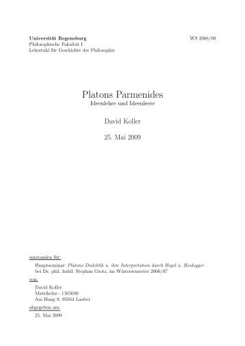 Platons Parmenides – Ideenlehre und Ideenleere - David Koller