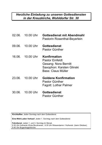 Druckversion der Gottesdienste im Juni, Juli u. August