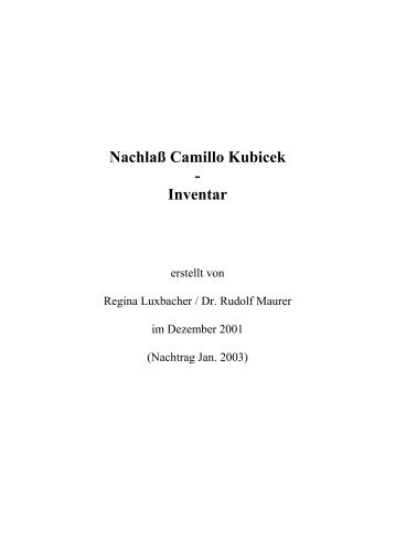 Nachlaß Camillo Kubicek - Inventar - Baden