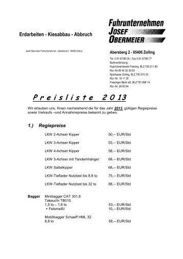 Preisliste 2013 - Obermeier Abersberg