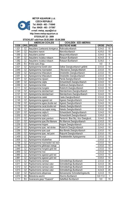 METOP AQUARIUM L.t.d. CZECH REPUBLIC Tel: 00420 - 483 ...