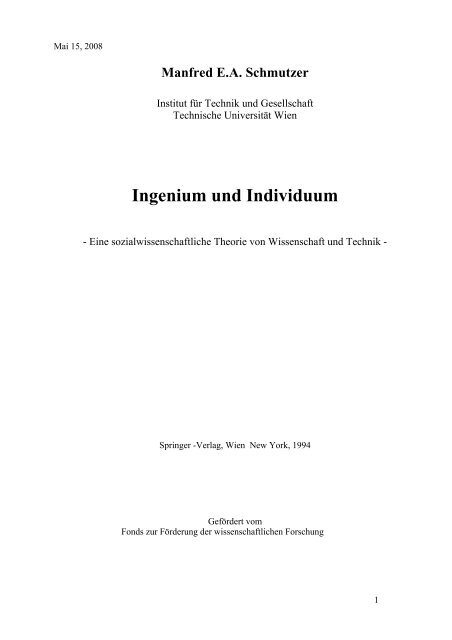 Ingenium Und Individuum Manfred Schmutzer