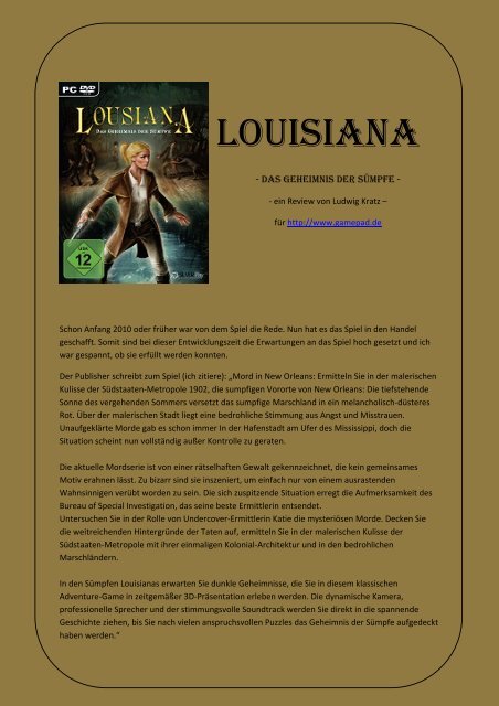 Louisiana - Das Geheimnis der Sümpfe - Review - Gamepad.de