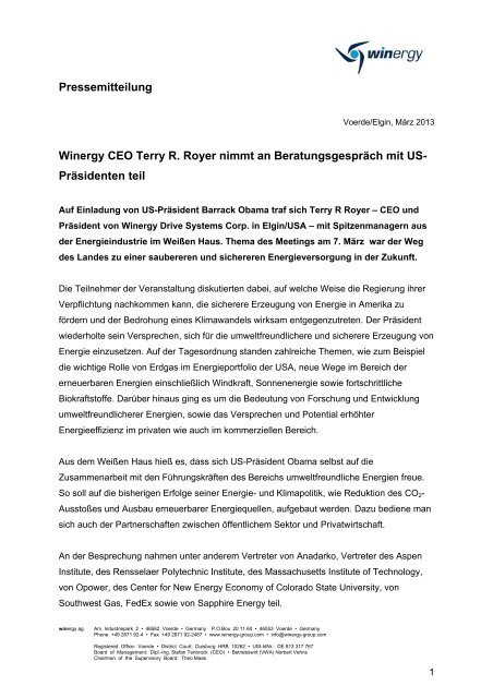 Winergy CEO Terry R. Royer nimmt an Beratungsgespräch mit US