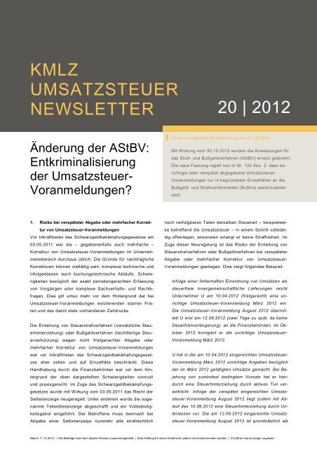 Umsatzsteuer Newsletter 20/2012 - KMLZ