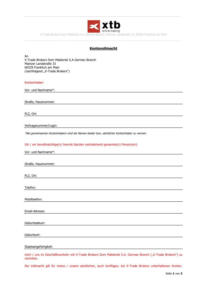 Kontovollmacht Formular Zum Ausdrucken