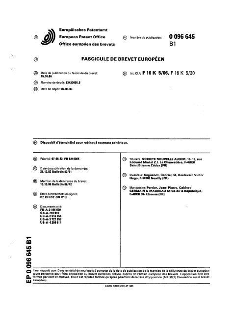 Dispositif d'étanchéité pour robinet à tournant sphérique - European ...