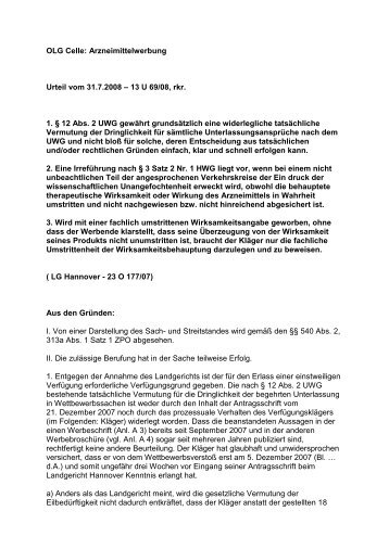 OLG Celle: Arzneimittelwerbung Urteil vom 31.7.2008 – 13 U ... - GesR
