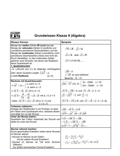 Grundwissen Klasse 9 (Algebra)