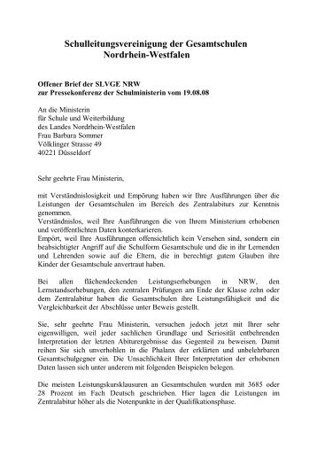 SLVGE NRW Offener Brief Ministerin 29.08.08
