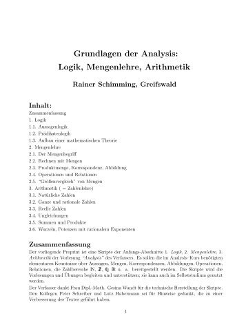 Grundlagen der Analysis: Logik, Mengenlehre, Arithmetik