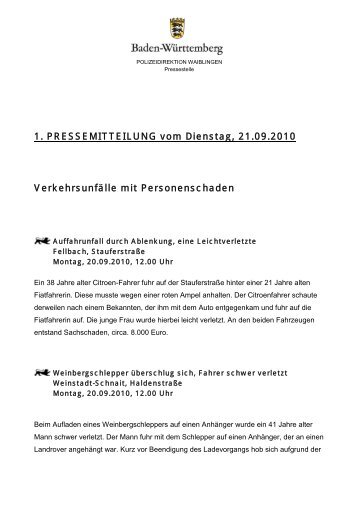 1. Pressemitteilung vom 21.09.2010 - Polizeidirektion Waiblingen